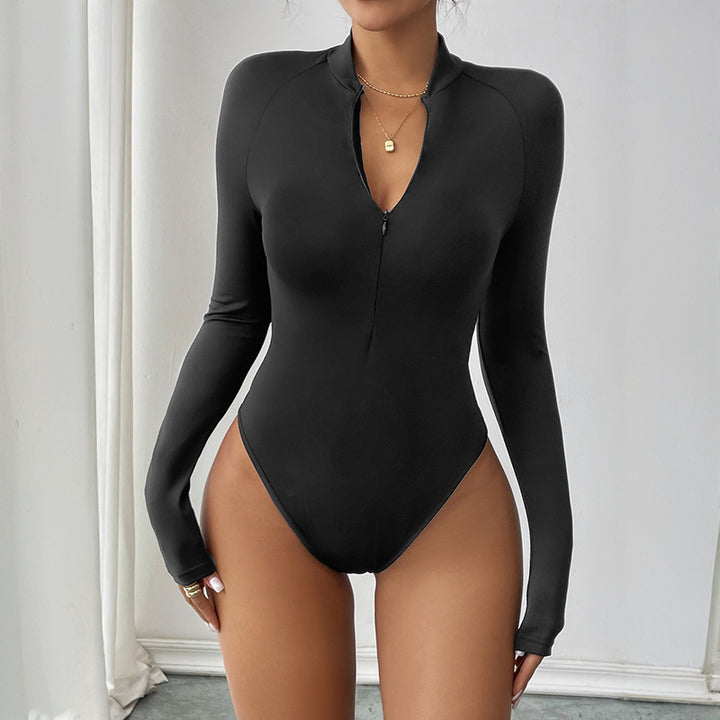 Damen Langarmshirt mit Reißverschluss und tiefem V-Ausschnitt Drune