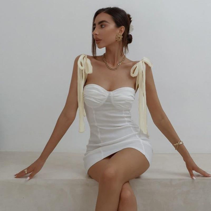 Damen Figurbetontes Minikleid mit trägerloser Bustier-Optik und charmanten Schleifen Drune