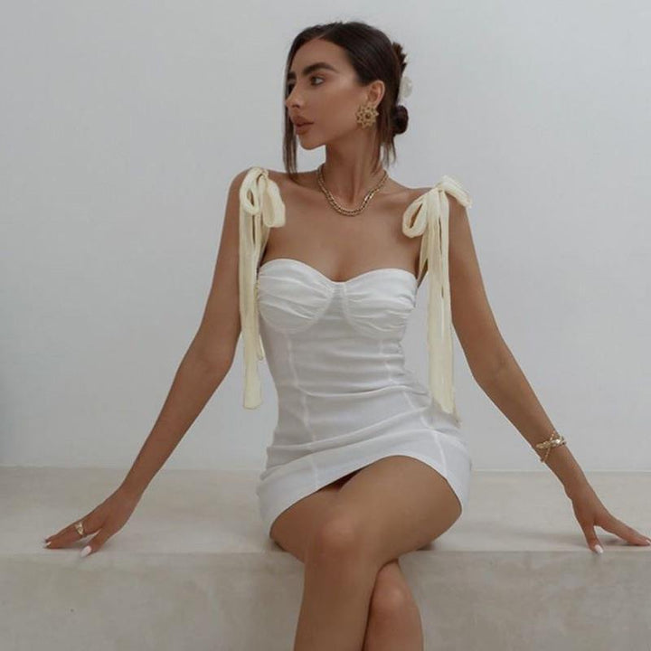 Damen Figurbetontes Minikleid mit trägerloser Bustier-Optik und charmanten Schleifen Drune