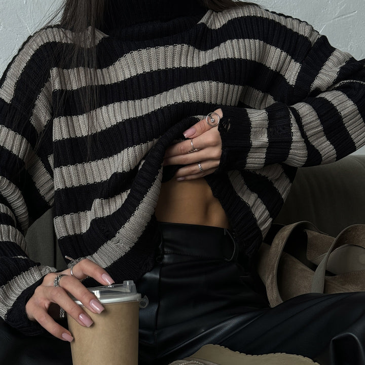 Damen modischer Oversized Pullover mit Streifenmuster Drune