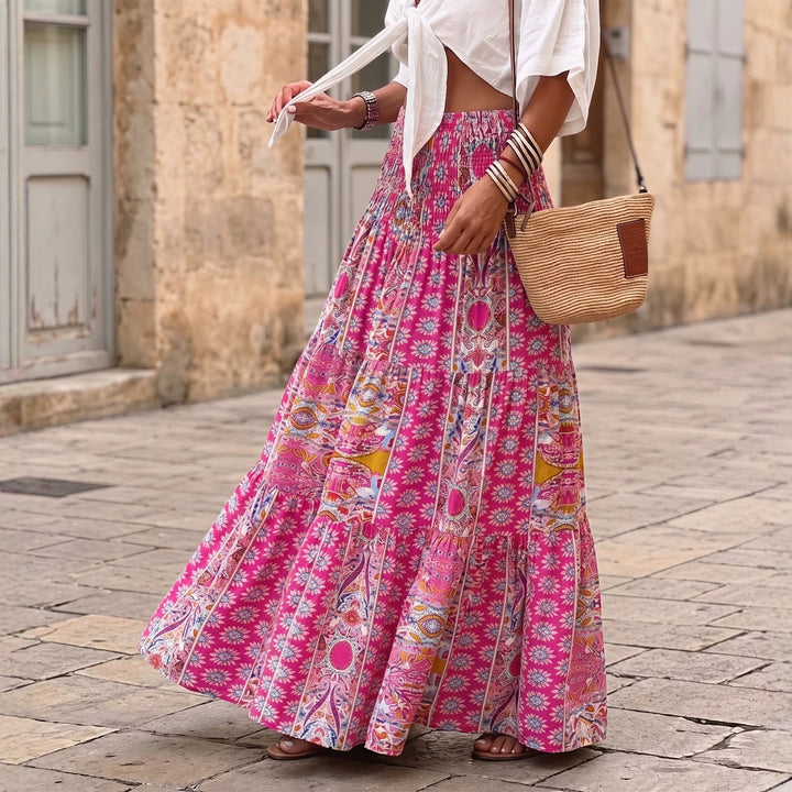 Damen nan gestufter Maxirock mit floralem Print, elastischem Smockbund und Volantkanten Drune