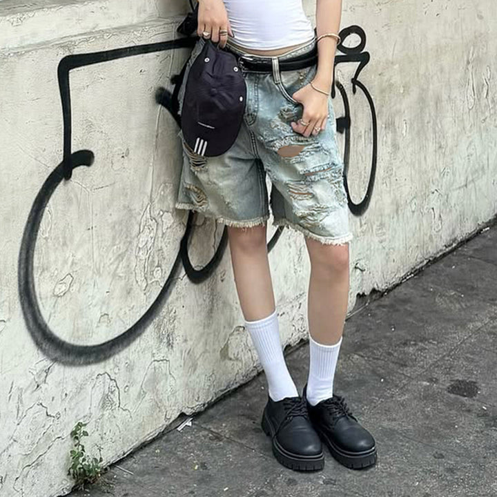 Damen Destroyed Denim-Shorts mit hohem Bund und ausgefransten Säumen Drune