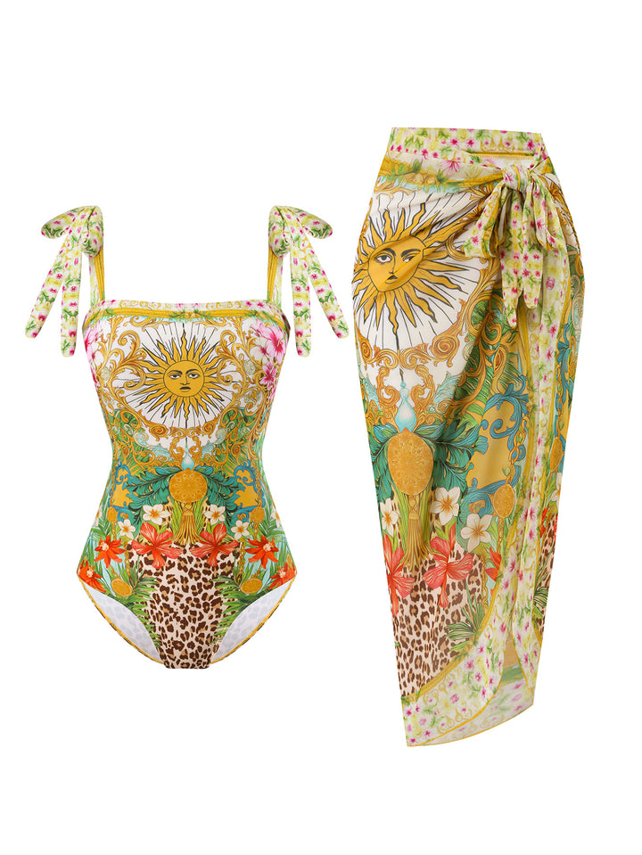 Damen Badeanzug mit floralem Design und transparentem Wickelrock Drune
