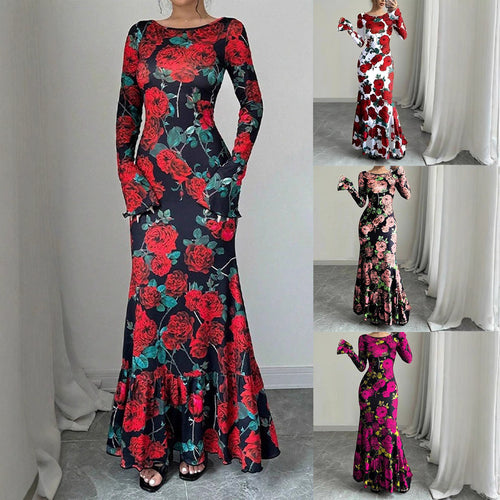 Damen Elegantes Maxikleid mit floralen Rüschendetails und langem Arm Drune