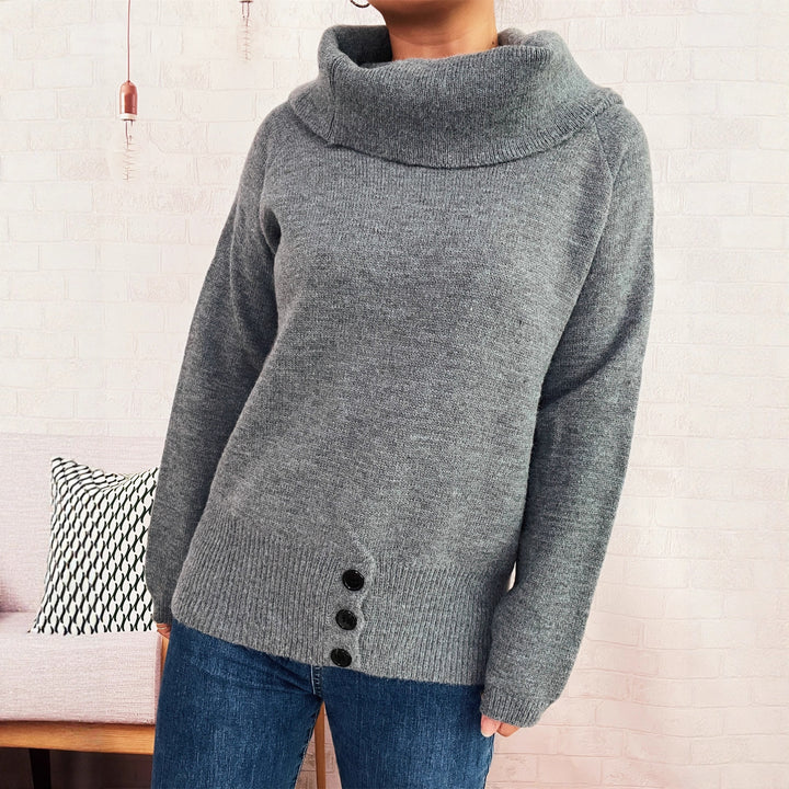 Damen Pullover mit weichem Kragen und dekorativen Knöpfen Drune