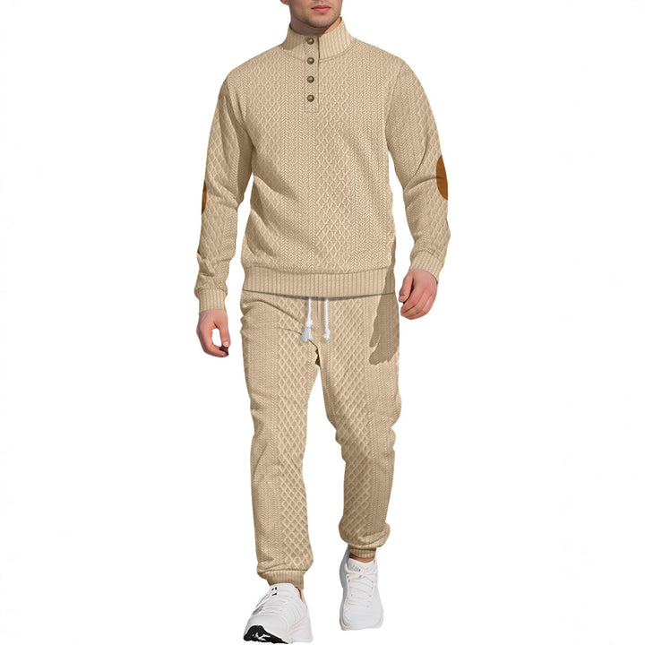 Herren nan strukturiertes Strick-Freizeitset mit Halbknopf-Stehkragen Wildleder-Ellbogenpatches und Kordelbund-Jogger Drune