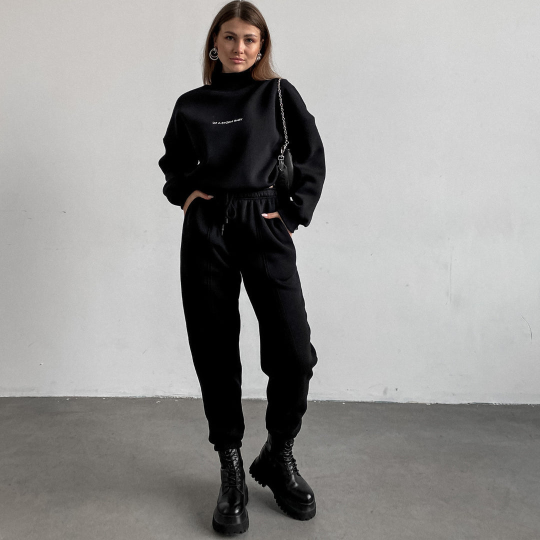 Damen lässiges Freizeitanzug-Set mit hohem Kragen und eleganten Details Drune