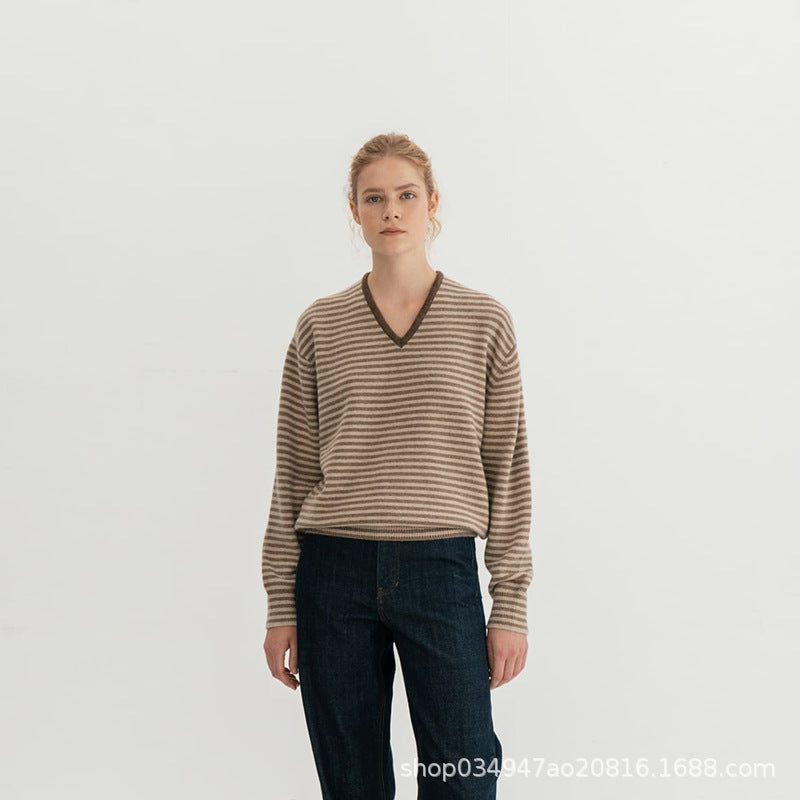 Damen Feinstrickpullover mit V-Ausschnitt und Streifenmustern Drune