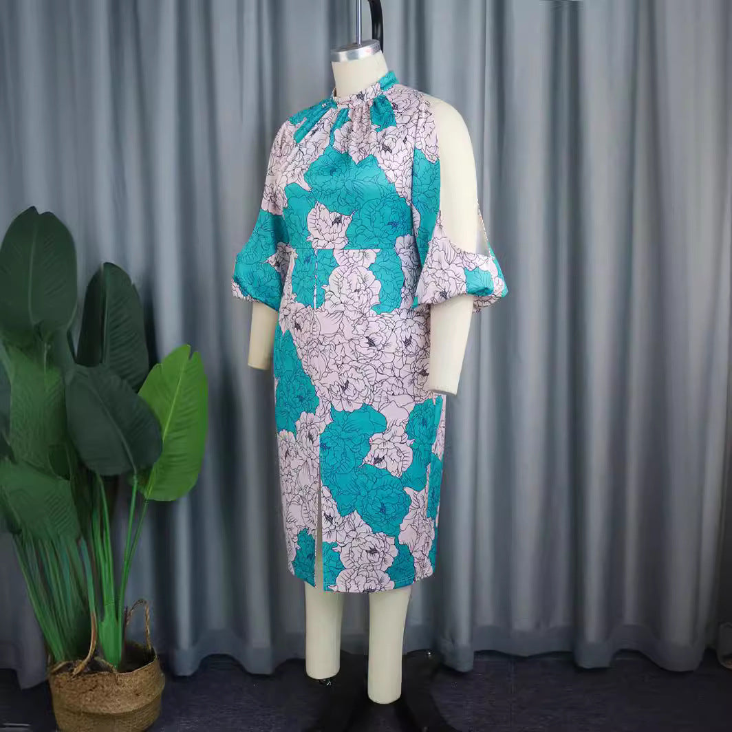 Damen elegantes Wickelkleid mit floralem Muster und modischen Cut-Out-Ärmeln Drune
