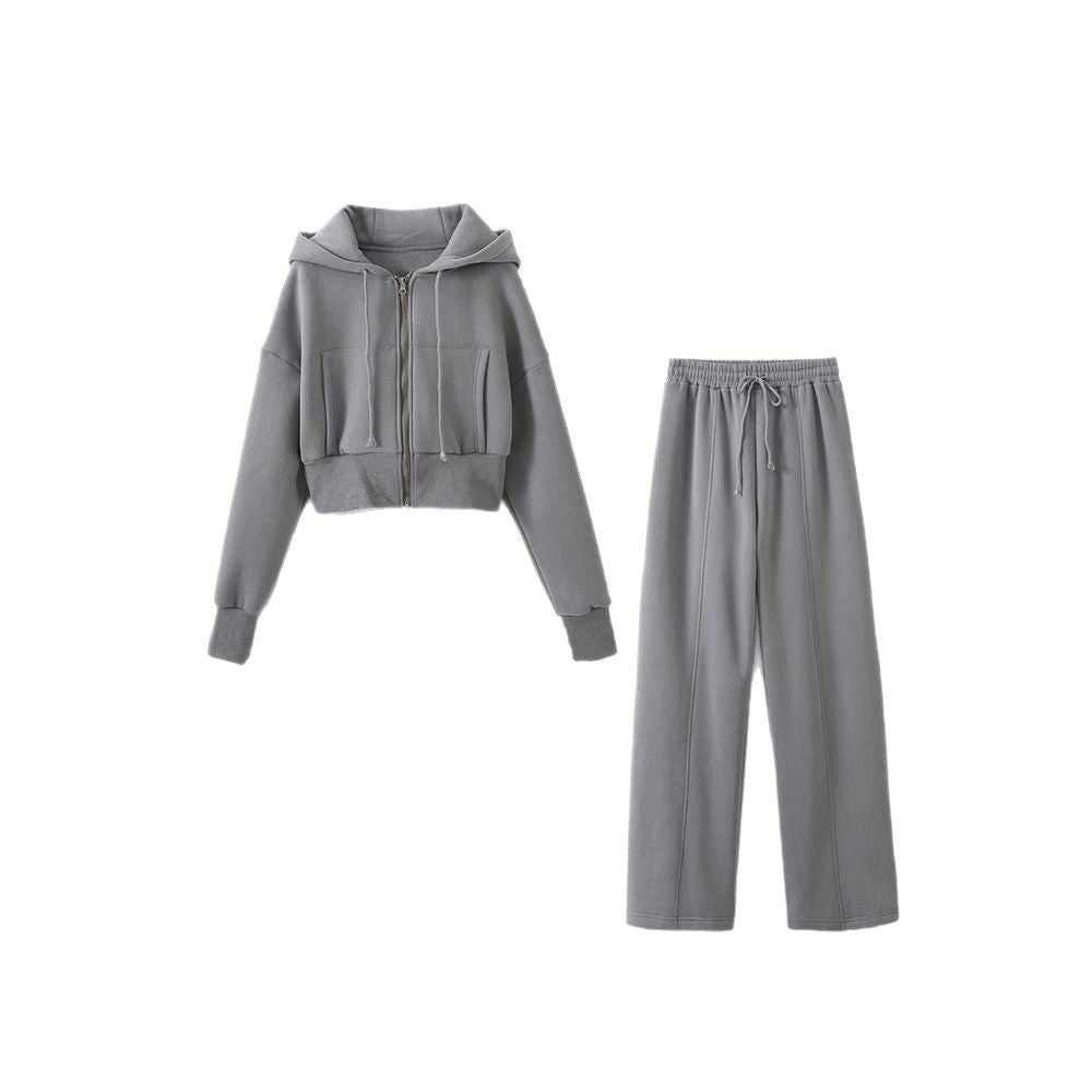 Damen modisches cropped Kapuzenjacken- und Jogginghose-Set Drune