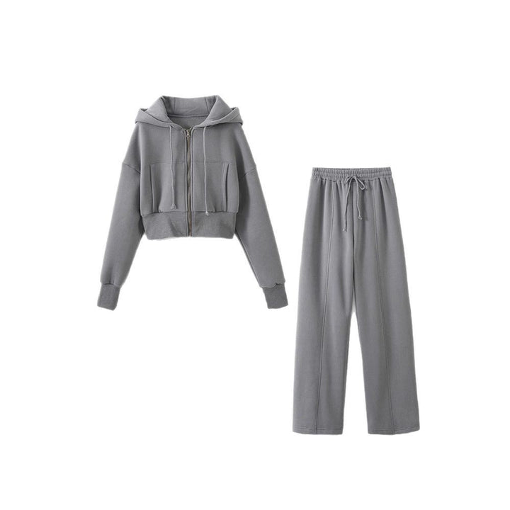 Damen modisches cropped Kapuzenjacken- und Jogginghose-Set Drune