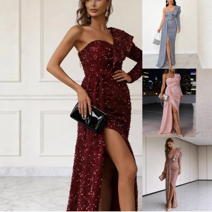 Damen Glamouröses Abendkleid mit asymmetrischem Cut und funkelnden Pailletten Drune