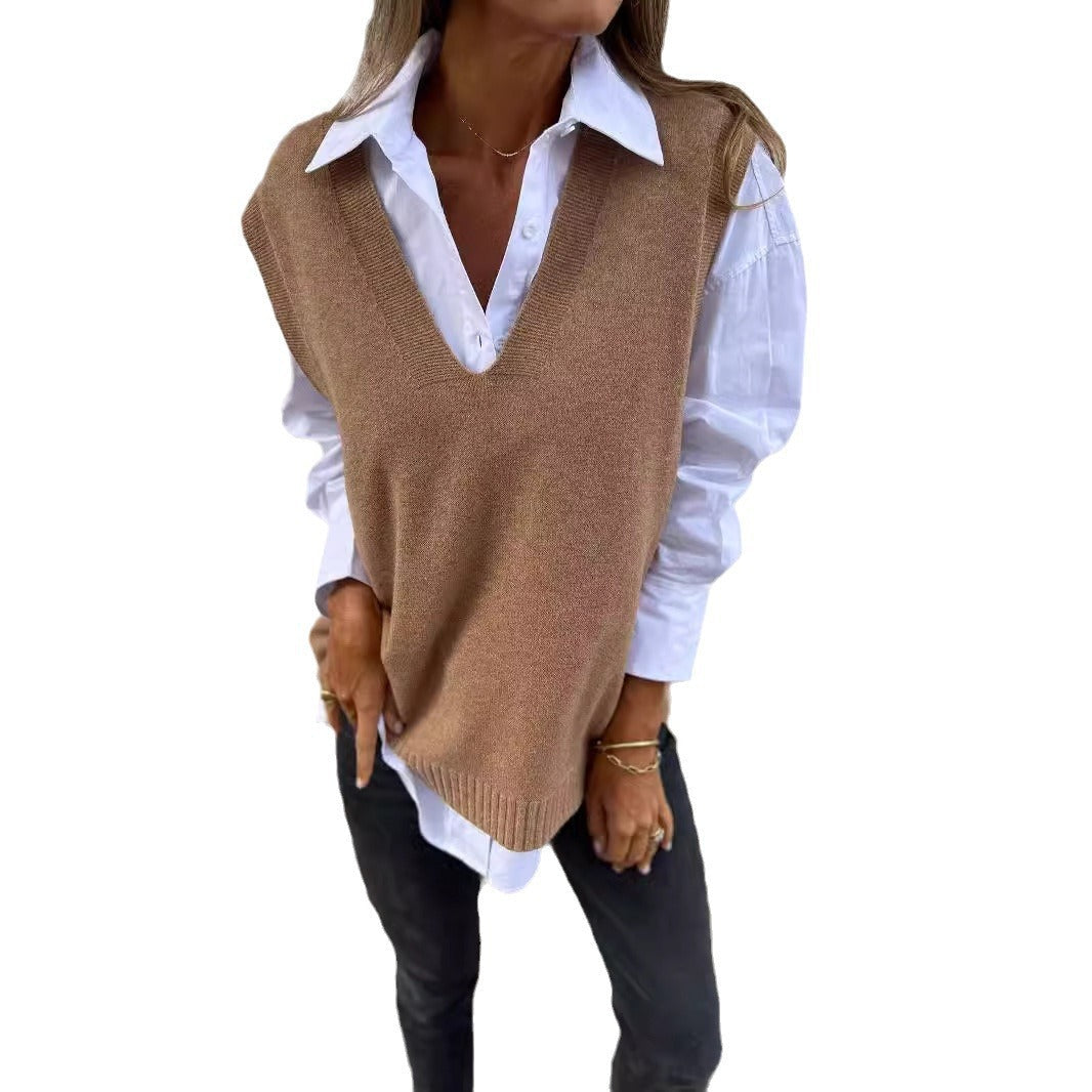 Damen lässiger Strickpullover mit V-Ausschnitt Drune