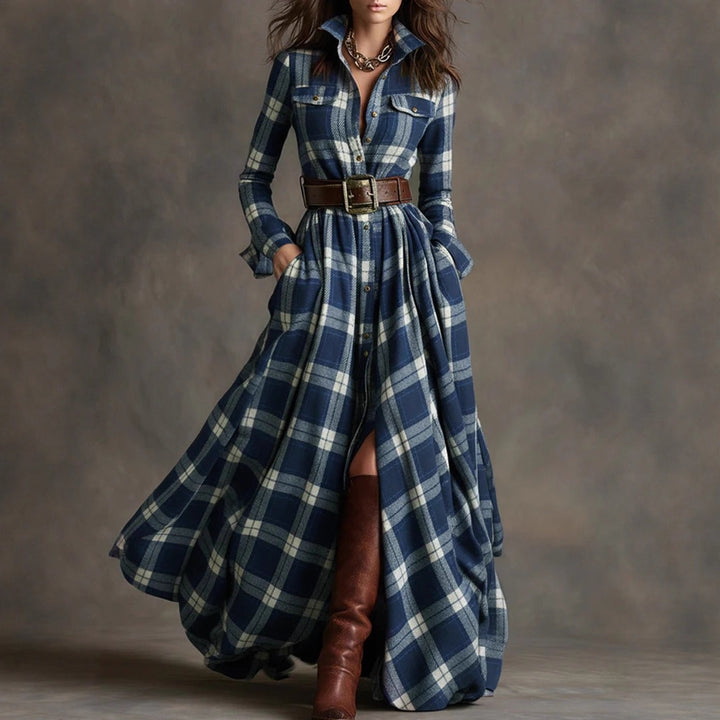 Damen nan karierte Maxikleid Hemdblusenkleid mit ausgestelltem Rock und breitem Taillengürtel Drune