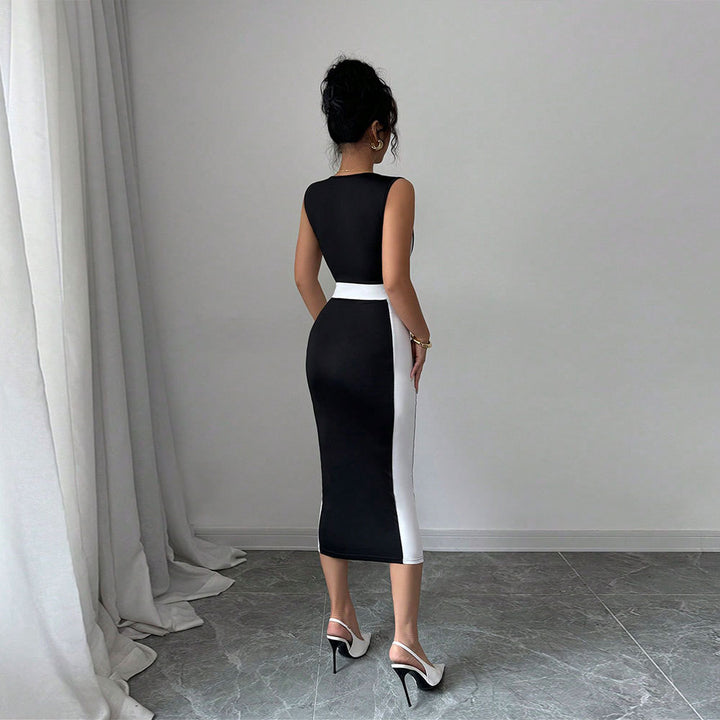 Damen figurbetontes Midi-Kleid mit modischem Kontrastschnitt und schmalen Trägern Drune