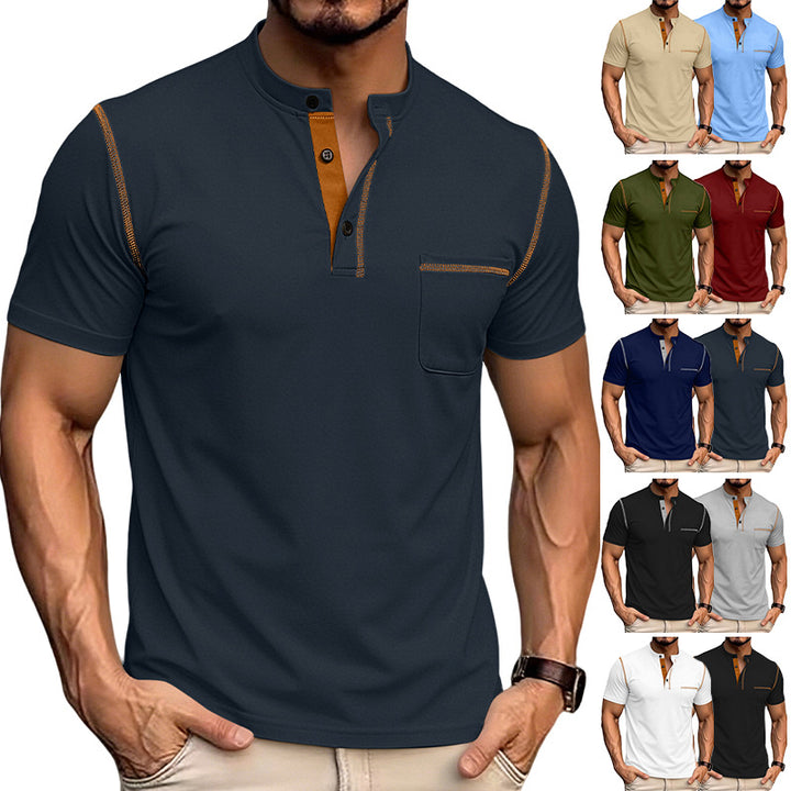 Herren nan kurzärmeliges Henley-Shirt mit Stehkragen, Brusttasche und kontrastierenden Ziernähten Drune