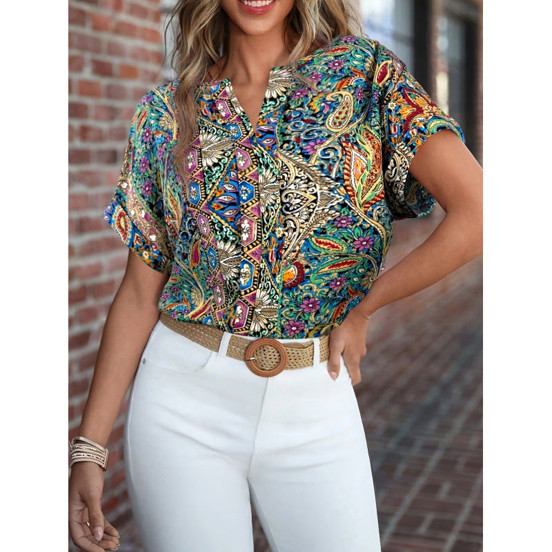 Damen Kurzarm Bluse mit buntem Druck und V-Ausschnitt Drune