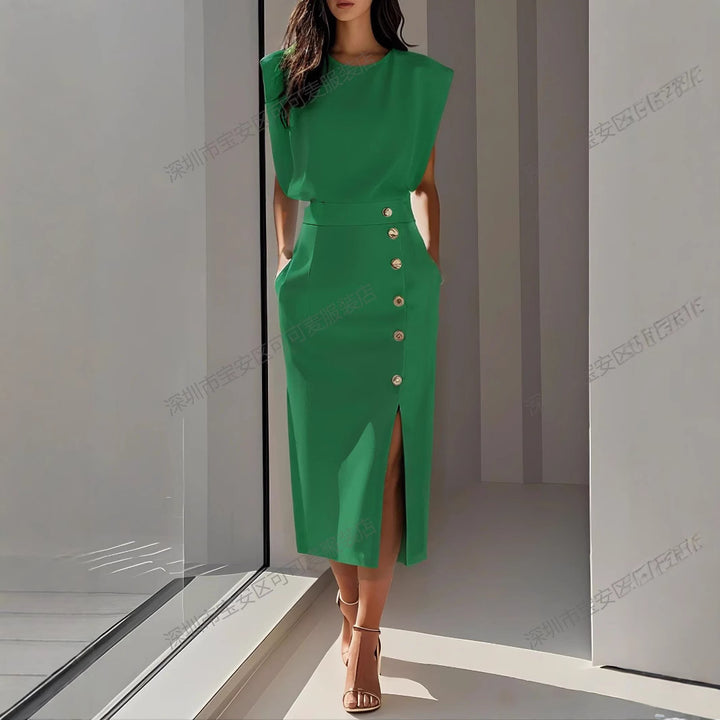 Damen Elegantes Abendkleid mit hohen Schultern und seitlichem Schlitz Drune