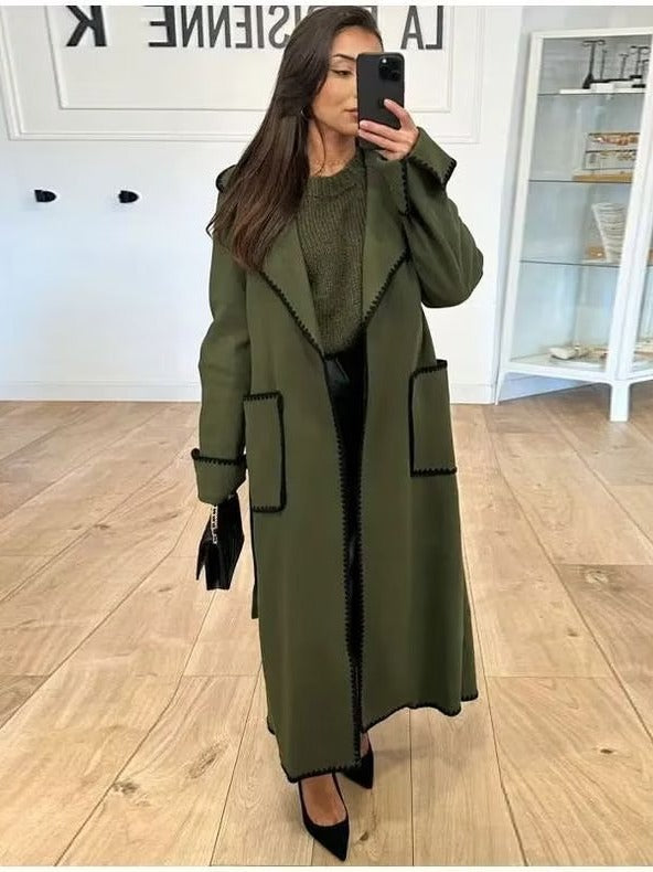 Damen eleganter Longcoat mit Bindegürtel und kontrastierenden Paspeln Drune
