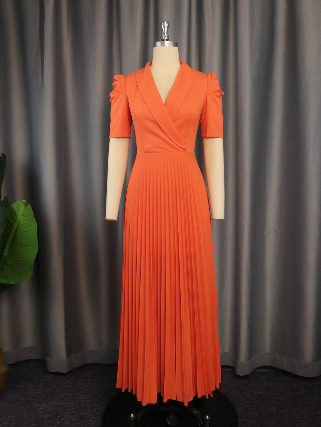 Damen elegantes Wickelkleid mit plissiertem Rock und Puffärmeln Drune