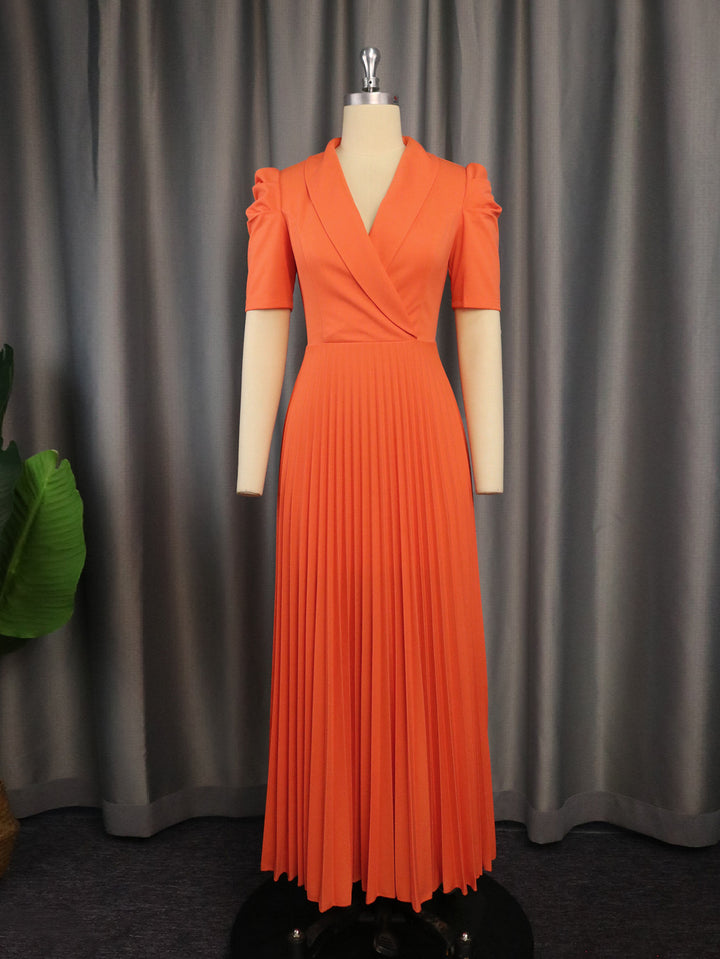 Damen elegantes Wickelkleid mit plissiertem Rock und Puffärmeln Drune