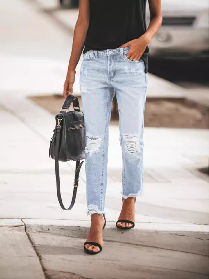Damen Ripped Denim-Jeans mit lässigem Schnitt und ausgefranstem Saum Drune