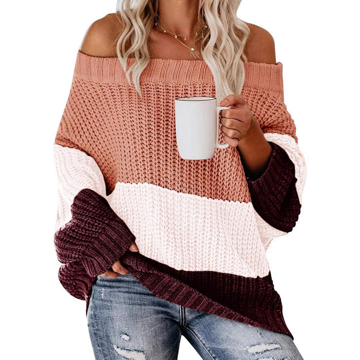 Damen lässiger Grobstrickpullover mit Off-Shoulder Design und dekorativer Farbkombination Drune
