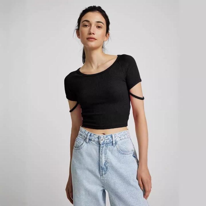Damen kurzärmliges enganliegendes Crop-Top mit Rundhalsausschnitt Drune