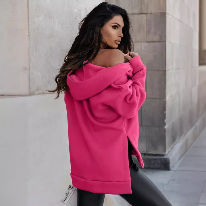 Damen Modischer Kapuzen-Zip-Hoodie mit praktischen Taschen und glänzendem Reißverschluss Drune
