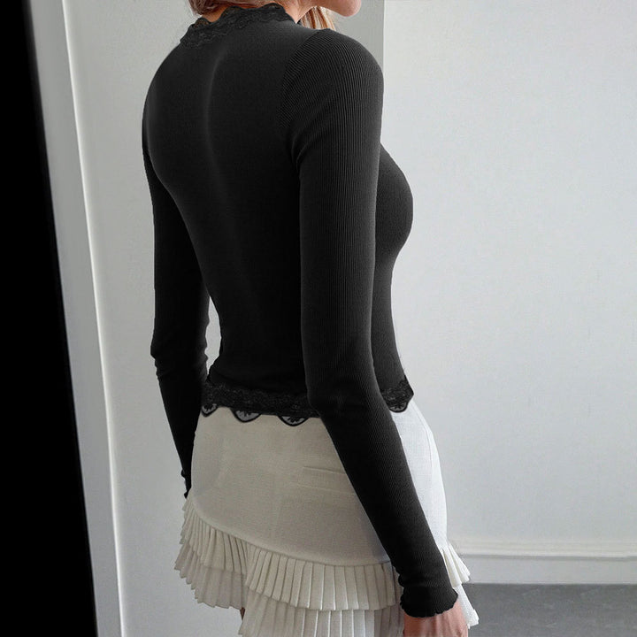 Damen Langarmshirt mit zarter Spitzenborte und figurbetontem Schnitt Drune