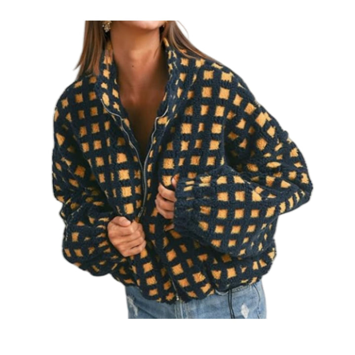 Damen trendige Kurzjacke mit Karomuster und weichem Plüsch Drune