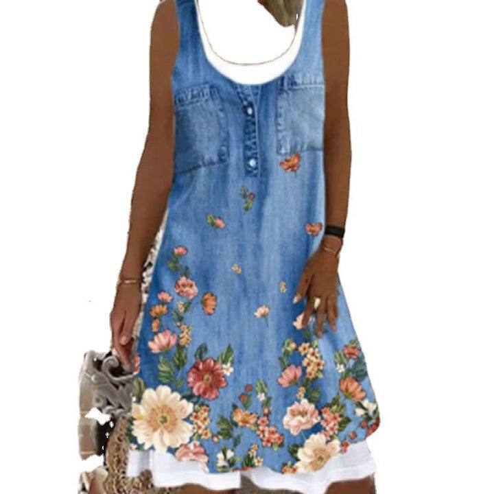 Damen Jeanskleid mit floralem Design und Knopfleiste Drune