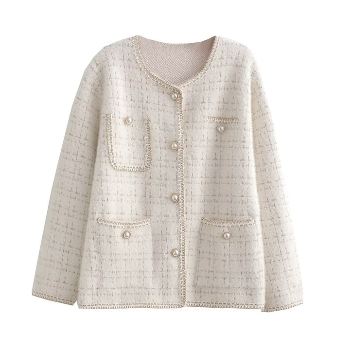 Damen Strukturierte Bouclé-Jacke mit dekorativen Perlen und Taschen Drune