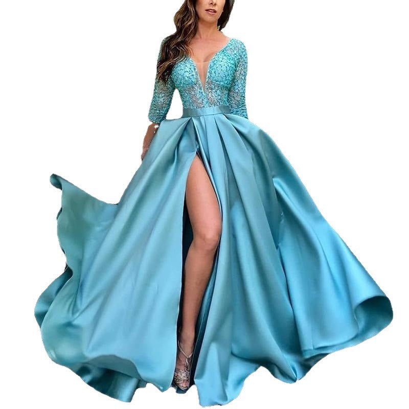 Damen schimmerndes Abendkleid mit tiefem V-Ausschnitt und elegantem Reißverschluss Drune