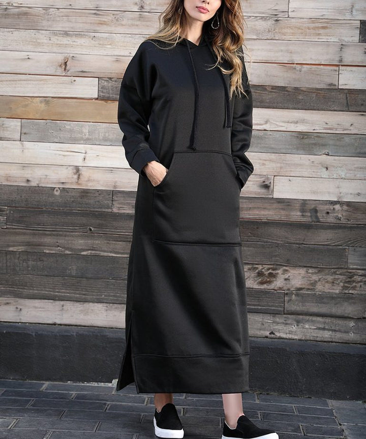 Damen nan langes Kapuzen-Sweatkleid mit Kängurutasche, Seitenschlitzen und lockerer Oversize-Passform Drune