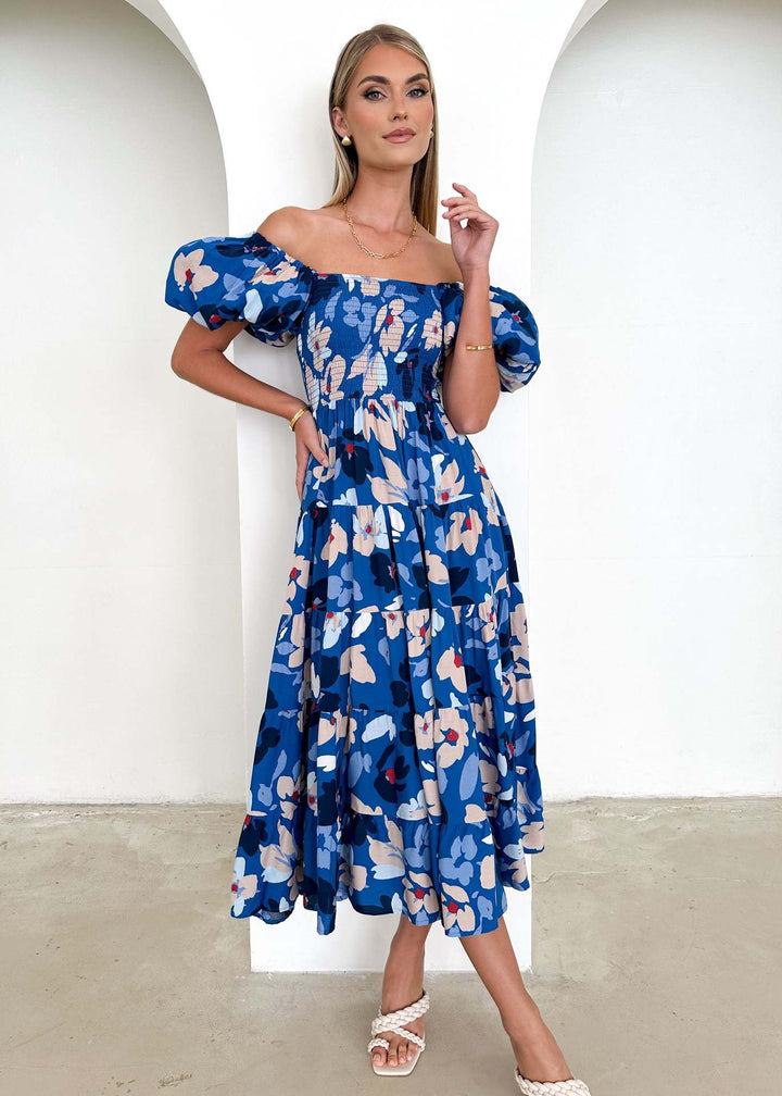 Damen Maxikleid mit Puffärmeln und floralem Smocking Drune
