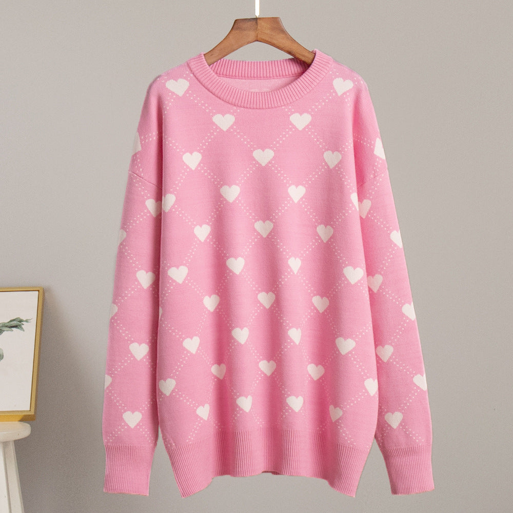 Damen Gemusterter Pullover mit Herzmotiven und weitem Schnitt Drune