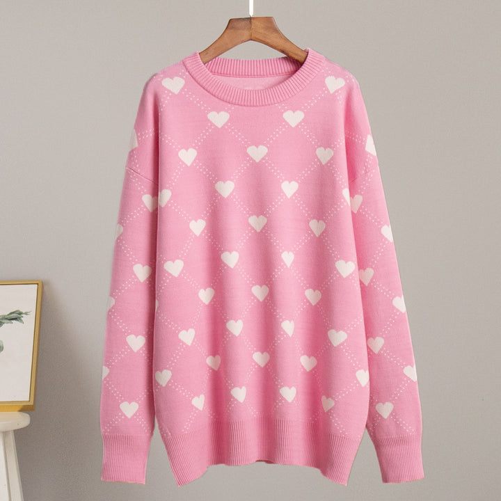 Damen Gemusterter Pullover mit Herzmotiven und weitem Schnitt Drune