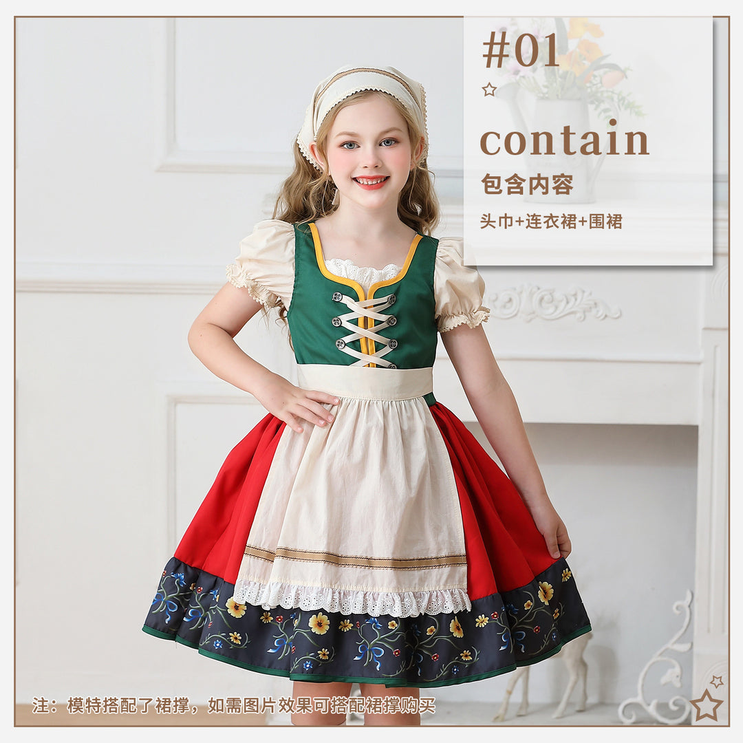 Damen nan traditionelles Kinderdirndl Kleid mit dekorativer Schnürung Schürze und Spitzenkopftuch Drune