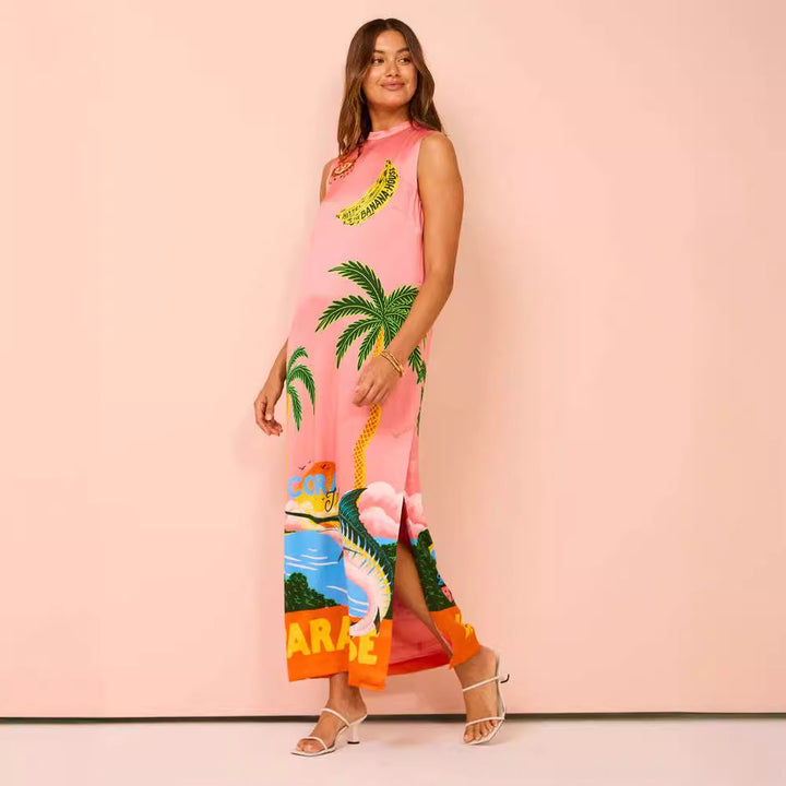 Damen Maxikleid mit buntem Tropenmotiv und lässigem Schnitt Drune