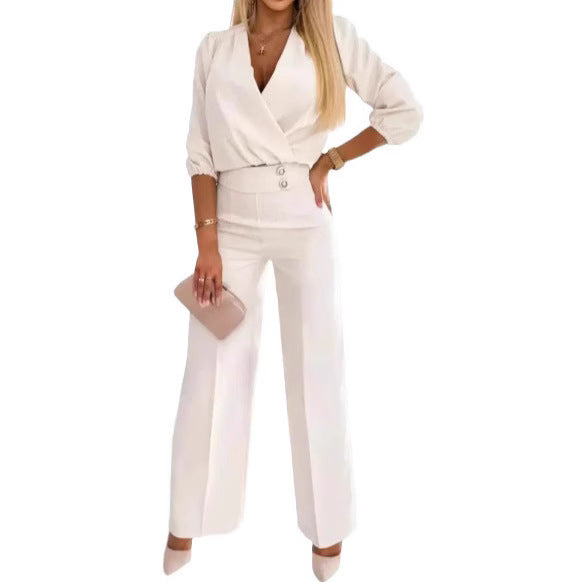 Damen eleganter Jumpsuit mit Wickeloberteil und hochtaillierten Beinen Drune
