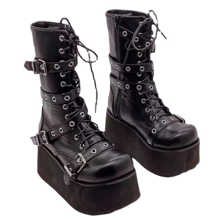 Damen nan hochschaftige Gothic Plateau-Boots mit mehrfachen Metallschnallen, Ösen und seitlichem Reißverschluss Drune