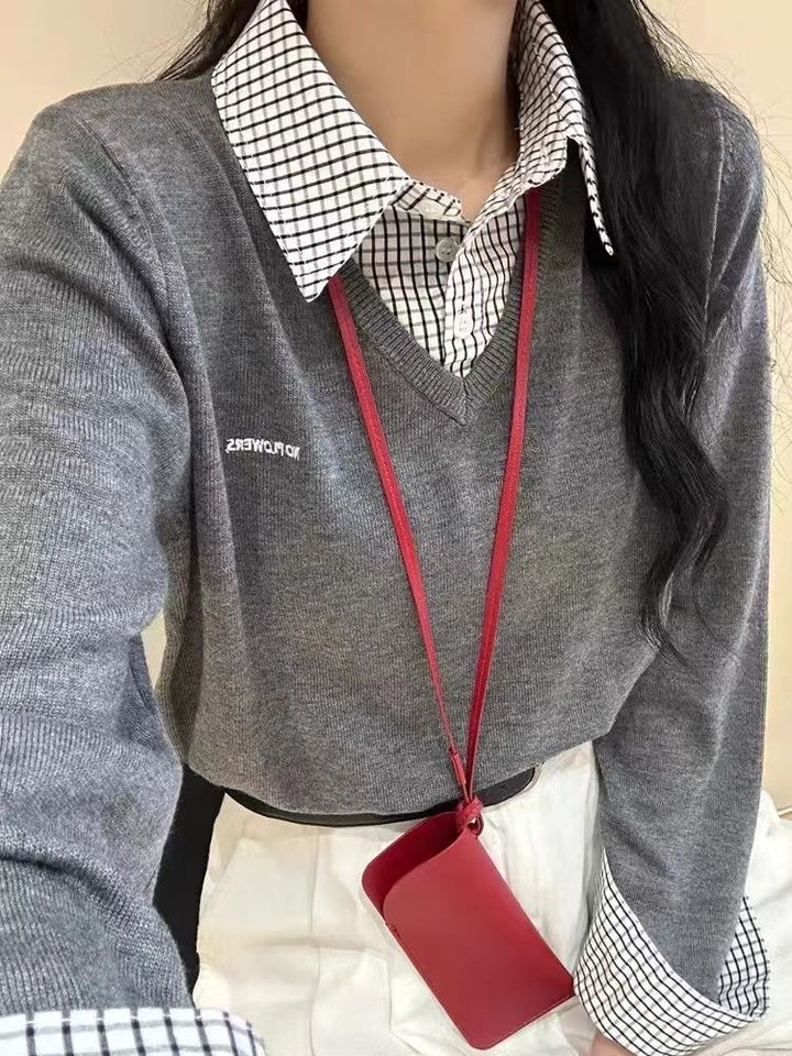 Damen lässiger V-Pullover mit Hemdkragen und ausgefallenem Design Drune