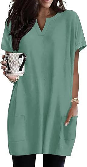 Damen lässiges Tunika-Kleid mit V-Ausschnitt und Taschen Drune
