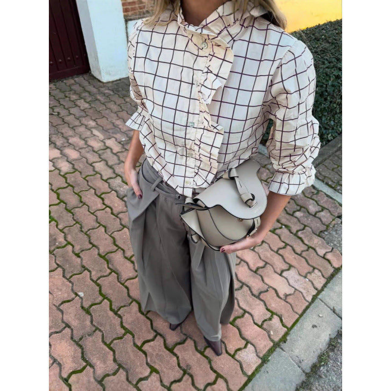 Damen Karobluse mit Rüschendetails und Knopfverschluss Drune