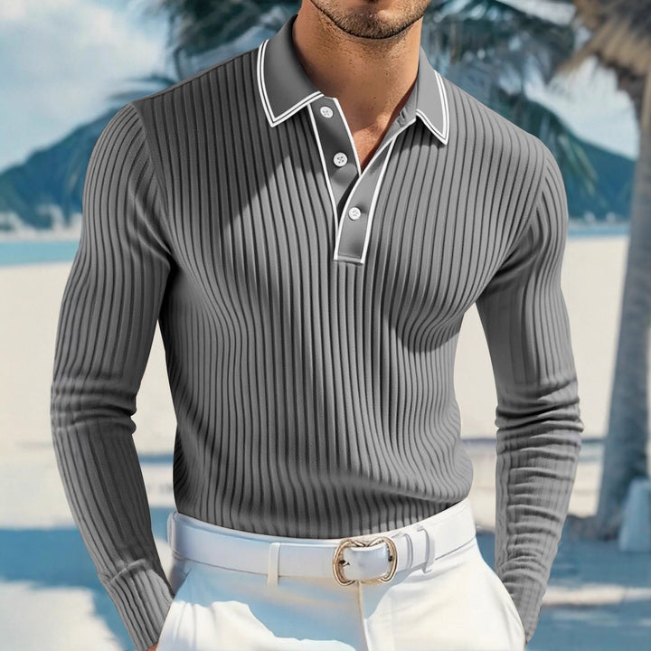 Herren nan schmal geschnittenes Rippstrick-Poloshirt mit Langarm, Kontrastpaspel und feiner Struktur Drune