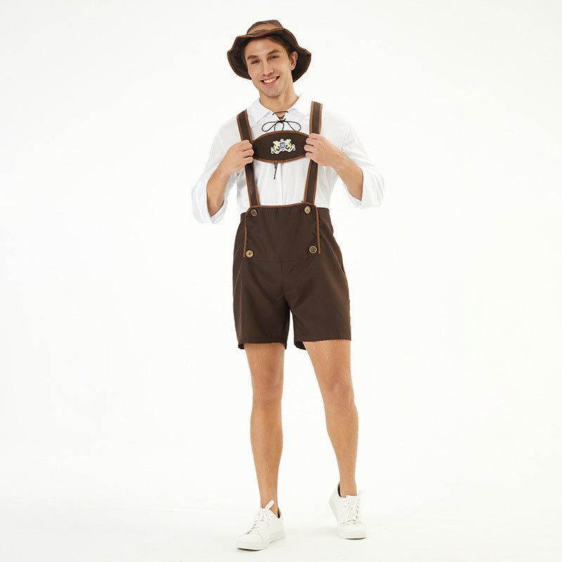 Herren nan Oktoberfest-Kurzlederhose mit verstellbaren Trägern, Zierknöpfen und besticktem Brustlatz Drune