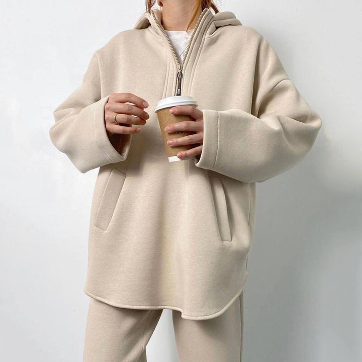 Damen Oversized Fleece-Jogginganzug mit hohem Kragen und Reißverschluss Drune