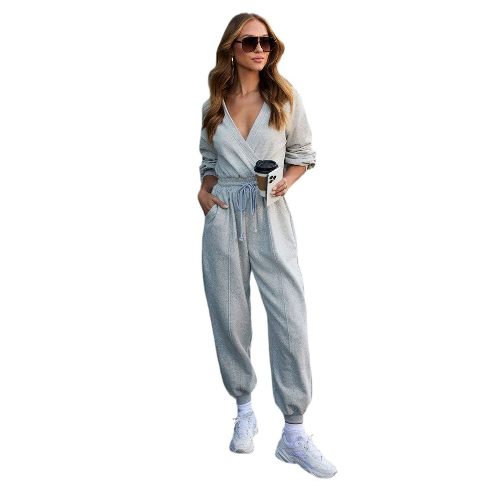 Damen Jumpsuit mit tiefem V-Ausschnitt und lockerer Passform Drune