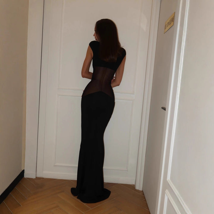 Damen Elegant figurbetontes Maxikleid mit transparenten Einsätzen Drune